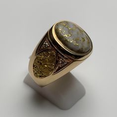 Men's Gold Quartz and Diamond Ring Size 9.75 | Chairish Mens Gemstone Rings, Gold Nugget, Diamond Quartz, Natural Gold, Mens Gold, Men's Ring, Vintage Men, Round Diamonds, Diamond Ring