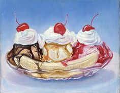 a painting of a banana split with whipped cream and cherries on top, in a glass dish