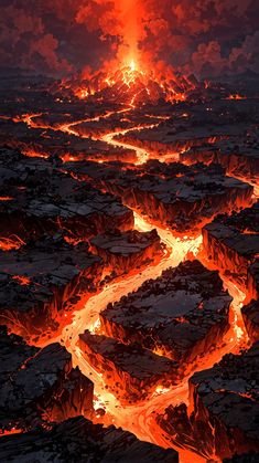 an aerial view of a lava flow with bright red and orange lights in the distance