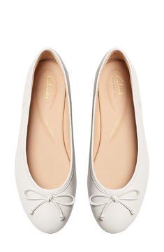 A delicate vamp bow lends timeless appeal to a rich leather flat set on a cushioned footbed for lasting comfort. Cushioned footbed Leather upper and lining/rubber sole Imported White Flats Outfit, Cute Shoes Flats, White Ballet Flats, Flat Pumps, Wedding Shoes Flats, Flat Dress Shoes, Bridal Shoes Flats, Aesthetic Shoes, Womens Ballet Flats