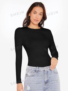 Ribbed Long Sleeve T-shirt For Fall, Black Fine Knit Long Sleeve Crew Neck Top, Fitted Long Sleeve Ribbed T-shirt, Fitted Ribbed Long Sleeve T-shirt, Trendy Long Sleeve Knit T-shirt, Long Sleeve Solid Ribbed T-shirt, Solid Color Ribbed Long Sleeve T-shirt, Solid Ribbed Long Sleeve T-shirt, Stretch Long Sleeve Plain Tops