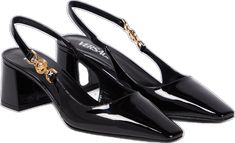 Black Blush, Versace Gold, Slingback Pump, Black Pumps, Black Patent Leather, Shoe Box, Patent Leather, Versace, Dust Bag