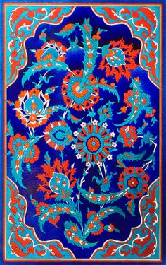 an ornate blue and red tile with flowers on it