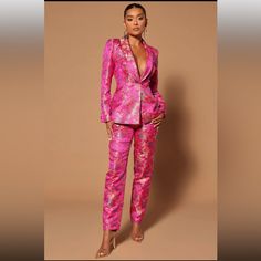 Fashion Nova / Novaluxe 2 Piece Pink Embroidered Print Pants Suit (Nwt) Size: Large / Item# 880-20 Graduation Suits For Women, Embroidery Placement, The Maxx, Embroidered Blazer, Pant Suits For Women, Embroidered Suit, Embroidered Pants, Bandage Midi Dress, Pink Suit