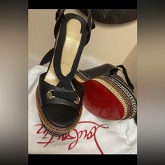 100% Authentic Christian Louboutin Tribuli Lace Up Wedge Platform Sandal Size 37 Brand New. (Black Leather W/ Ankle Wraps) Size 37 Fits Us 6.5 Or 7 Runs True To Size Dust Bags Included No Original Box But Stored And Will Ship In Plastic Bin From The Container Store Self-Tie Ankle-Wraps (Similar To An Espadrille, Adjustable) 5 1/2" Chain-Wrapped Wedge Heel 1 1/2" Platform -4" Equiv. 140mm Offers Welcome Luxury Open Heel Platform Wedge Sandals, Luxury Platform Wedge Sandals, Luxury Open Heel Wedge Sandals With Heel Strap, Luxury Platform Wedge Sandals For Formal Events, Luxury Formal Wedge Sandals, Luxury Wedge Sandals With Wrapped Heel, Designer Platform Wedge Sandals With Open Heel, Luxury High Heel Wedge Sandals With Wrapped Heel, Luxury Wedge Sandals With Wrapped High Heel