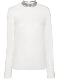 white silk crepe de chine mock neck signature Monili chain detail long sleeves buttoned-cuff sleeves curved hem concealed rear zip fastening Yoko London, City Dress, Summer Beach Wear, White Silk, Silk Crepe, Ballet Flat Shoes, Lady Dior, Thom Browne, Jil Sander