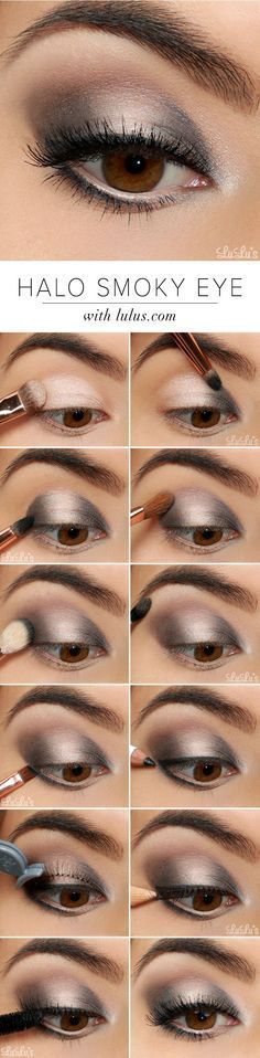 Step by Step tutorial for how to create this stunning halo smokey eye #infographic...x Eye Makeup For Brown Eyes, Make Up Mata, Silver Smokey Eye, Eye Ideas, Smoky Eye Makeup Tutorial, Eyeshadow Tutorial For Beginners, Make Up Tutorials, Makeup Tip