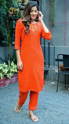 Original bandhni (kutch-bhuj) Pant-Kurti Set Kurti- rayon bandhani kurti with gotta and hand work  Pant- rayon bandhni pant with gotta lace Quality: 100 % Guaranteed Stitched: Yes Full Stitched Sleeve length: 3/4 sleeve Pockets: No Leg/hem length: Mid-calf Neckline: Boat Kurta style: Straight Fabric technique:  Embroidered Wash Care: Machine Wash & Hand Wash In Cold Water Using Mild Detergent. Shipping - We use globally known Logistics for best services like Fed-Ex, DHL, India Post. It usually takes around 7 - 15 day to deliver in Standard Delivery OR 3 - 7 Day in Express. Return - We gladly accept return in light of Etsy Guidelines. Please contact us before raising a Return Request, we may be more useful in resolving your issues. Thank you so much for visiting. Have a great day ahead! Fitted Orange Palazzo Set For Festive Occasions, Fitted Orange Traditional Palazzo Set, Fitted Traditional Orange Palazzo Set, Orange Kurta With Printed Motifs For Diwali, Diwali Orange Kurta With Printed Motifs, Bandhani Print Straight Kurta Sets For Festivals, Orange Printed Motifs Kurta For Navratri, Orange Kurta With Printed Motifs For Navratri, Orange Printed Kurta For Navratri