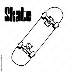 a skateboard is shown with the word skate in black and white letters on it