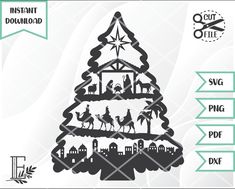 a christmas tree cutout with the nativity scene in it's center and an arrow