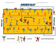 an image of a cartoon game with various characters on the field and lines in front of them