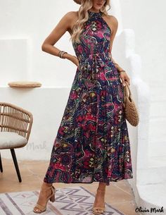 Olivia Mark - Stylish High-Waisted Dress Vintage Halter Dress, Abstract Dress, Dress Sleeve Length, Bohemian Maxi, Sleeveless Outfit, Paisley Print Dress, Bohemian Maxi Dress, Flowing Dresses, High Waist Dress