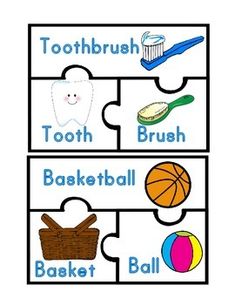 a puzzle piece with words describing toothbrush, brush, basketball and ball on it