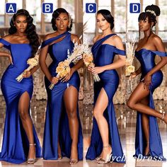 four women in blue dresses posing for the camera with their hands on their hipss