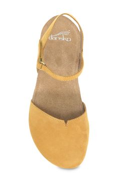 This chic flat with a closed toe puts the emphasis on breezy comfort with a memory foam insole that sits on top of a cork footbed for a lightweight feel. 1 1/4" heel; 1/2" platform (size 39) Adjustable hook-and-loop strap Memory foam cushioning Leather upper and lining/rubber sole Imported Dansko Shoes Outfits, Boho Bride Shoes, Closed Toe Dress Shoes, Closed Toe Sandals Summer, Mustard Shoes, Closed Toe Wedges, Leather Flats Women, Fall Flats, Chic Flats