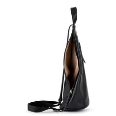 a black leather bag with an open zipper on the front and shoulder strap hanging down