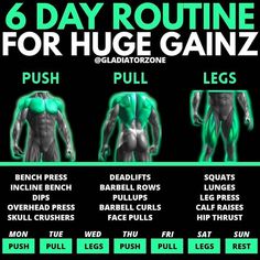 the six day routine for huge gain is shown in green and black, with instructions on how