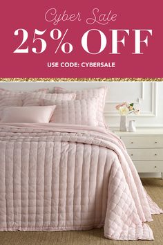 a bed with pink sheets and pillows on it, the sale is 25 % off