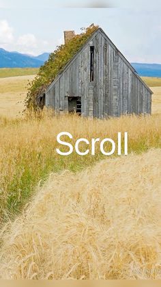 an old barn in the middle of a wheat field