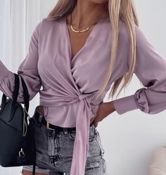 Material: Polyester Gender: Women Item Type:Tops Sleeve Length:Long Sleeve Color: Purple Size: S,M,L,XL Women Tops Online, Purple Tops, Knotted Blouse, Black Jeans Outfit, Tops And Blouses, Chic Type, Current Fashion Trends, Outfits Winter, Womens Clothing Stores