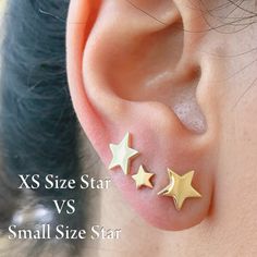 "This precious earring is composed completely of 14K solid gold and comes with matching 14K solid gold secure earring backs. This earring is thick enough for a single initial to be engraved. NOTE: If you wish to customize this item with engraving font please indicate the specific font style desired in the 'Note to Seller' section upon checkout. ♦ Star Dimensions: approximately 8mm (w) x 8mm (h) ♦ Post Thickness: 20 gauge (0.8mm) ♦ Metal Finish: High Shine Polish ♦ This design is available in Ros Dainty Stars, Tragus Helix Piercing, Star Stud Earrings, Tiny Star, Star Earrings Stud, Tragus Piercings, Small Earrings Studs, Helix Piercing, Velvet Pouch