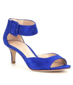 Pelle Moda Berlin Buckle Ankle Strap Kitten-Heel Sandals suede cobalt, flame, midnight 2.2h sz7.5 145.00 2/16 Fitted Suede Sandals With Heel Strap, Suede Heels With Heel Strap And Single Toe Strap, Fitted Suede Sandals For Spring, Formal Open Toe Suede Sandals, Spring Party Heels With Tang Buckle, Suede Sandals With Tang Buckle And Round Toe, Suede Heels With Ankle Strap, Suede Heels With Buckle Closure For Spring, Fitted Suede Heels With Heel Strap