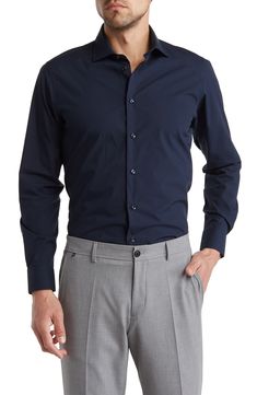 A wardrobe-staple dress shirt is tailored in a comfort fit from cotton with Lycra® stretch. Front button closure Cutaway collar Long sleeves with adjustable button cuffs 97% cotton, 3% Lycra® spandex Dry clean Imported Formal Stretch Collared Shirt, Fitted Blue Wrinkle-resistant Shirt, Fitted Collared Shirt With Functional Buttons, Classic Stretch Long Sleeve Dress Shirt, Classic Long Sleeve Stretch Dress Shirt, Cotton Dress Shirt With Hidden Button Closure, Cotton Long Sleeve Dress Shirt With Hidden Button Closure, Classic Stretch Collared Shirt, Long Sleeve Stretch Shirt For Business Casual