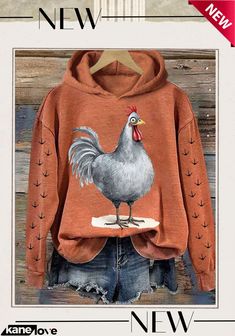 Funky Cartoon Chickens Print Casual Cozy Hoodie Hooded Graphic Print Sweater For Fall, Fall Hooded Sweater With Graphic Print, Fall Graphic Print Hoodie Sweater, Graphic Print Hoodie Sweater For Fall, Cozy Long Sleeve Hoodie With Graphic Print, Cartoon Chicken, Happy Farm, Chicken Print, Cozy Hoodie