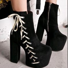 Current Mood Sideshow Platform Boots Size 10 Nwot Dollskill Current Mood Brand, Never Worn. Featuring A Side Lace Up Feature, Has Side Upper For Easy Access Black Block Heel Boots, Black Lace Boots, Goth Shoes, Black Lace Up Boots, Lace Booties, Black Ankle Booties, Zipper Boots, Block Heel Boots, Current Mood