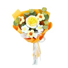 a yellow and white bouquet with flowers in it