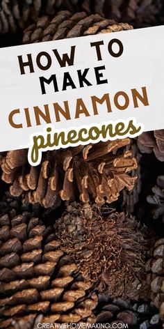 the words how to make cinnamon pinecones written on a sign