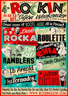 an advertisement for rock'n roll with various types of posters and words on it