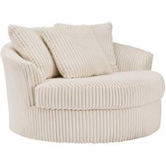 a large white chair with two pillows on it's back and one arm in the middle