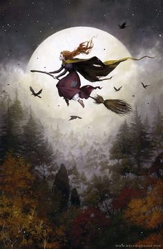 a woman flying through the air on top of a broom in front of a full moon