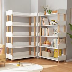 a living room filled with furniture and bookshelves