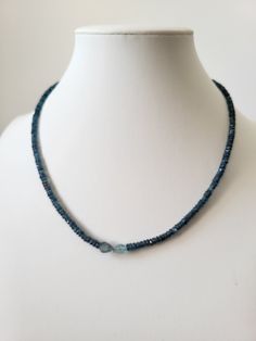 *This necklace is made entirely from natural indigo blue kyanite stones, faceted about 2 to 3 mm. * The central stones are irregularly shaped blue aquamarines. * The necklace measures 49 cm * All findings are made of 925 silver. * Handmade item * Free delivery by post by registered letter. * Necklace for women * Delivered in its reusable cotton protective pouch * Instagram _atelier768_ * Unique piece * Possibility of reducing the length on request, possibility of a waiting period. On request bef Blue Kyanite Gemstone Bead Necklaces, Blue Kyanite Gemstone Beaded Necklace, Blue Kyanite Gemstone Necklace, Faceted Blue Topaz Blue Necklace, Sapphire Kyanite Gemstone Necklace, Blue Kyanite, Aqua Marine, Aquamarine Blue, Letter Necklace