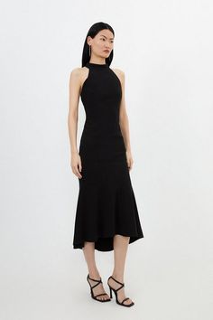 Compact Stretch Essential Waterfall Hem High Neck Midi Dress | Karen Millen Sleek Halter Neck Midi Dress For Formal Occasions, Elegant Halter Neck Midi Dress, Sleek Halter Neck Midi Dress For Formal Events, Elegant High Neck Maxi Dress For Work, Formal High Neck Halter Dress For Spring, Formal Spring High Neck Halter Dress, Chic Fitted Halter Dress In Elastane, High Neck Midi Dress For Summer Cocktail, Elegant High-neck Bodycon Dress For Formal Occasions