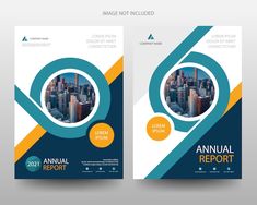 a blue and yellow annual report brochure with cityscape in the background