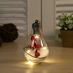 a light bulb filled with snow and red berries