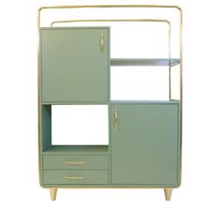 a green cabinet with three drawers and two shelves on each side, against a white background