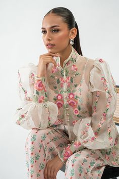 Ameera Festive Organza Blouse With Floral Embroidery, Spring Sets With Blouson Sleeves, Designer Floral Embroidered Organza Blouse, Designer Organza Blouse With Floral Embroidery, Spring Sets With Embroidered Long Sleeves, Spring Festive Georgette Blouse, Chic Designer Wear Sets For Spring, Chic Embroidered Festive Sets, Fitted Floral Print Sets For Transitional Season