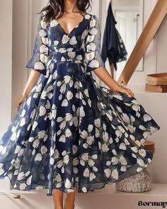 Bormay - Versatile V-neck Short Sleeve Dress with a Modern Twist Chiffon Party Dress, Short Sleeve Midi Dress, Gaun Fashion, Chiffon Floral, Exclusive Dress, White Tulips, V Neck Midi Dress, Midi Short Sleeve Dress, Sleeve Midi Dress