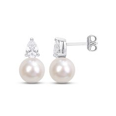 A delectable freshwater cultured pearl gleams on each of these gorgeous earrings, topped by a shimmering pear-shaped white lab-created sapphire. The earrings are styled in sterling silver and secure with friction backs. Kay Jewelers, Silver Prices, Pearl Types, Sapphire Earrings, Sapphire Stone, White Earrings, Accessories Jewelry Earrings, Earrings Sterling Silver, Gorgeous Earrings