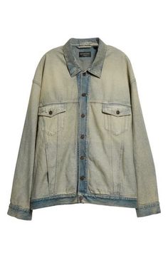 Balenciaga puts its signature avant-garde spin on the streetwear-staple trucker jacket in this oversized version cut from washed denim for an inside-out effect. 30 1/2" length (size 2) Front button closure Spread collar Button cuffs Chest button-flap patch pockets; side-seam pockets 65% polyester, 35% cotton Machine wash, line dry Made in Italy Designer Clothing Urban Style Acid Wash Cotton Denim Jacket, Faded Denim Jacket For Streetwear, Urban Faded Denim Jacket For Streetwear, Streetwear Washed Blue Denim Jacket, Faded Cotton Outerwear For Streetwear, Urban Relaxed Fit Faded Outerwear, Grunge Relaxed Fit Denim Jacket For Streetwear, Faded Grunge Outerwear For Spring, Faded Grunge Spring Outerwear