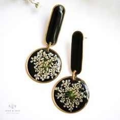 Artistic Black Jewelry With Matching Earrings, Artistic Black Dangle Earrings, Artistic Black Dangle Jewelry, Artistic Black Drop Earrings, Unique Handmade Black Plug Earrings, Trendy Black Earrings For Gift, Handmade Enamel Earrings For Party, Unique Black Plug Earrings With Ear Wire, Unique Black Pierced Earrings