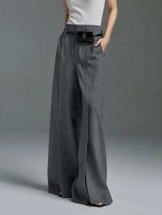 Effortless Sophistication: High-Waisted Pleated Split-Front Trousers with a Loose Wide-Leg Fit Midi Skirts Summer, Casual Autumn Outfits Women, High Waist Long Skirt, Mode Boho, Grey Trousers, Straight Trousers, Pantalon Large, Wide Pants, Casual Fall Outfits