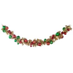 a christmas garland with red, green and gold ornaments