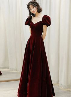 Velvet Sweetheart Long Party Dress Formal A-line Wine Red Dress Long Elegant, Dark Red Dress Long Elegant, Dark Red Dress Long, Gown With Puff Sleeves, Dress Long Elegant, Wine Red Prom Dress, Dark Red Dress, Party Dress Formal, Velvet Evening Gown