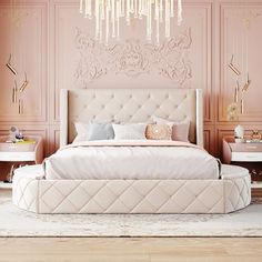 an elegant bedroom with pink walls and chandelier above the bed, along with white furniture