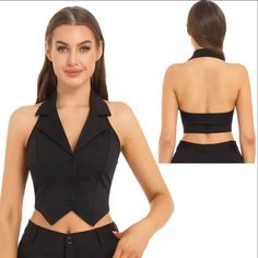 Crop Top Halter Backless Button-Down Notch Lapel Design Pointed Hem Vest New With Tags Size: Medium Color Black Material: 90% Polyester, 10% Spandex Lining: Polyester Collar: Halter Slim Fit Features Women’s Fashion Solid Color Crop Top Halter, Backless Button Down, Pointed Hem Vest. Made Of Skin-Friendly Soft Fabric. No Pilling, Fade Resistant & Comfortable To Wear. Halter With Notch Lapel Design, Backless, Button Down And Pointed Hem. Works Well With Shorts, Jeans, Skirts, Shirts And Jackets S Fitted Button-up Crop Top For Work, Fitted Top With Button Closure For Party, Fitted Black Crop Top For Formal Occasions, Formal Fitted Black Crop Top, Black Fitted Crop Top For Formal Occasions, Fitted Black Tops With Back Button Closure, Fitted Black Top With Back Button Closure, Fitted Button-up Chic Crop Top, Fitted Button-up Crop Top With Button Closure